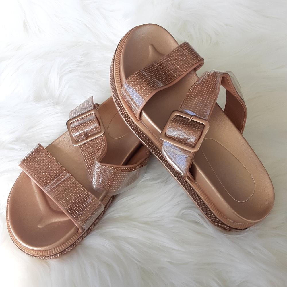 NWOT  Womens | Juniors Rose Rhinestone & Tan Chunky Slide Sandals  | size 6